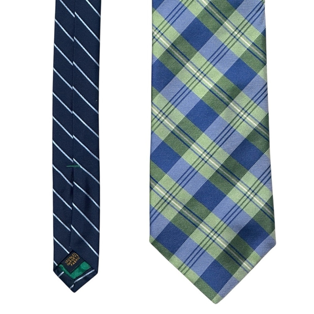 Tommy Hilfiger 100% Silk Patternblock Tie Blue/Green Plaid & Navy/White Stripe